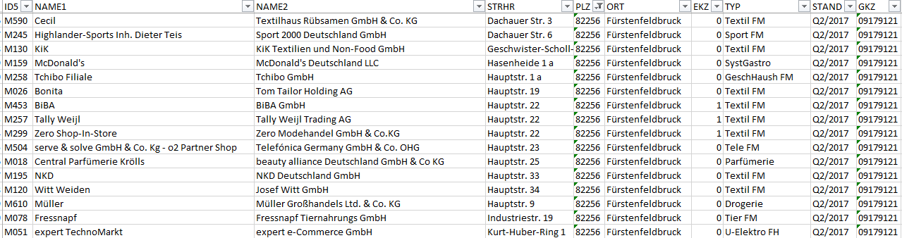 Datenbeispiel Adressen und Standorte der Fachmärkte in Deutschland
